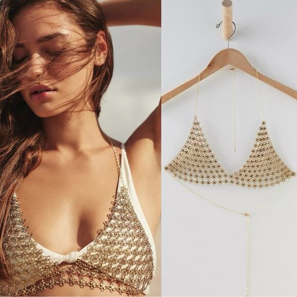 Free People Schools Out Body Chain Bralette Gold NWT Festival Coachella Bohemian - Picture 1 of 16